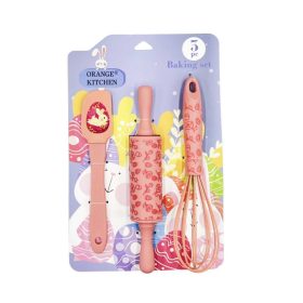   3 részes Húsvéti szilikon sütőszett – Sodrófa, Habverő és Spatula (Piros)