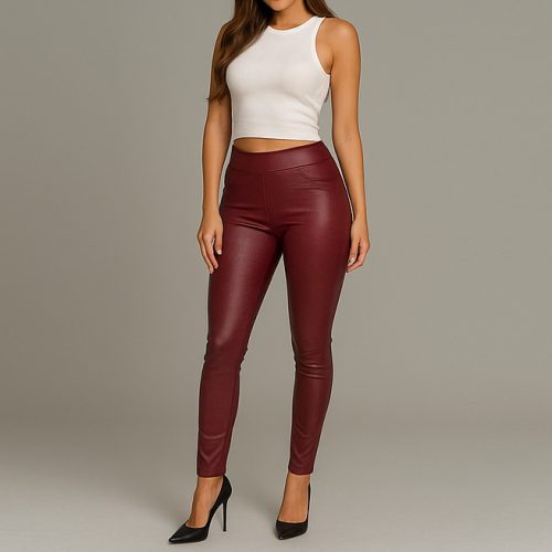 Bőr hatású zsebes hosszú női leggins - Piros