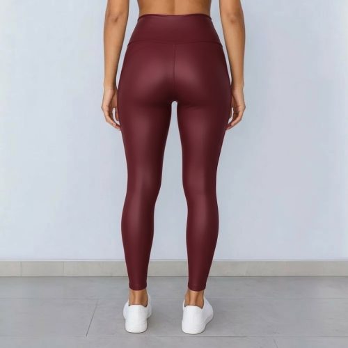 Magas derekú alakformáló bőr leggings csíkkal - Bordó