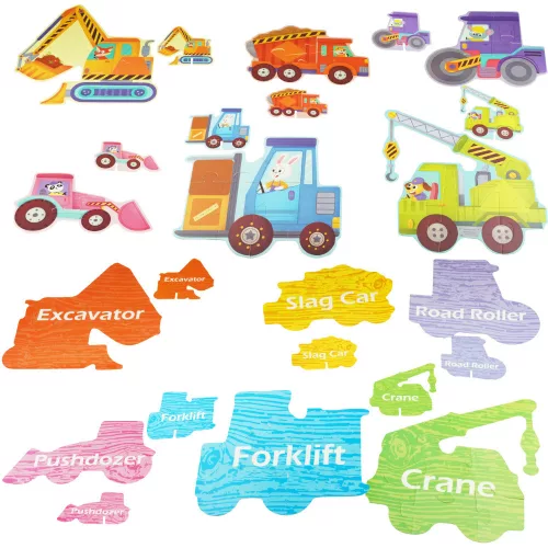 6 az 1-ben fa kirakó puzzle – Építőipari járművek