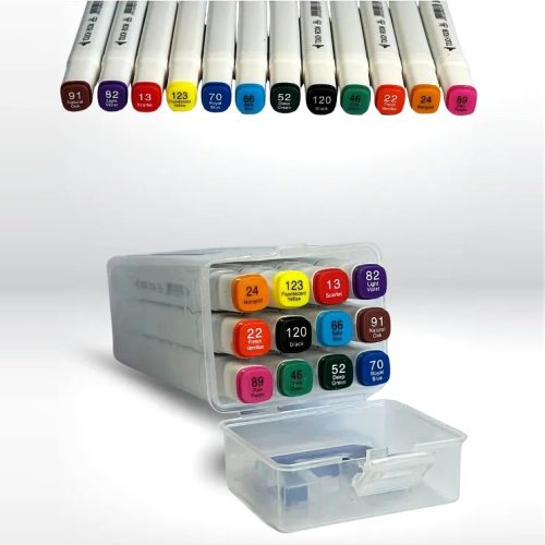 Kétfejű akril festék filctoll készlet hordozható tárolóban -12db