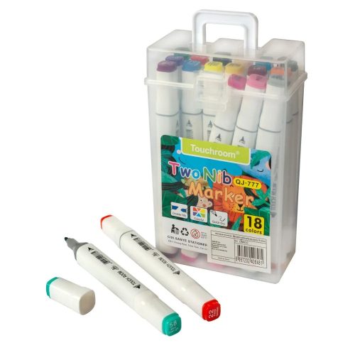 Kétfejű akril festék filctoll készlet hordozható tárolóban -18db