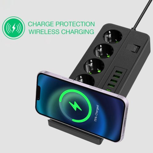 Multifunkciós hosszabító vezeték nélküli töltővel 3000W - 2m