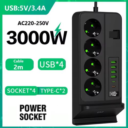 Multifunkciós hosszabító vezeték nélküli töltővel 3000W - 2m