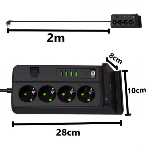 Multifunkciós hosszabító vezeték nélküli töltővel 3000W - 2m