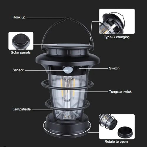 Napelemes Mozgásérzékelő Kemping Lámpa 5W - 4 világítási mód