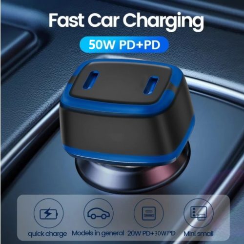 Szivargyújtós autó gyorstöltő Dual USB-C porttal 50W 