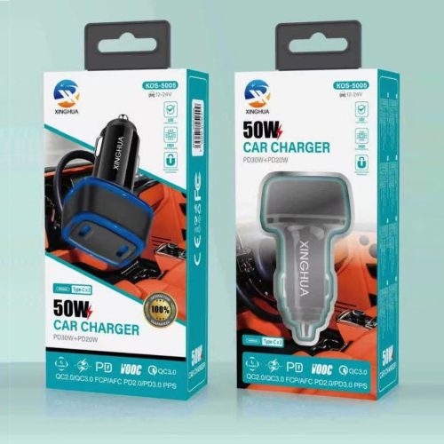 Szivargyújtós autó gyorstöltő Dual USB-C porttal 50W 