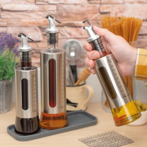500 ml Olaj- és Ecetadagoló Üveg – Rozsdamentes acél burkolattal
