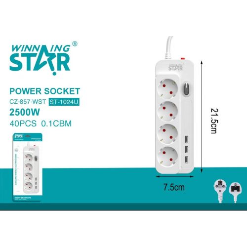 WinningStar Hosszabító 4 aljzat, +3 USB Elosztó