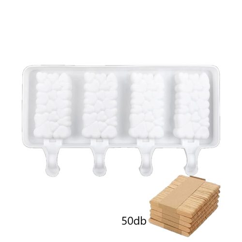 Jégkrém készítő szilikon forma, szív minta 12,5x19cm+Fa pálcika 50db