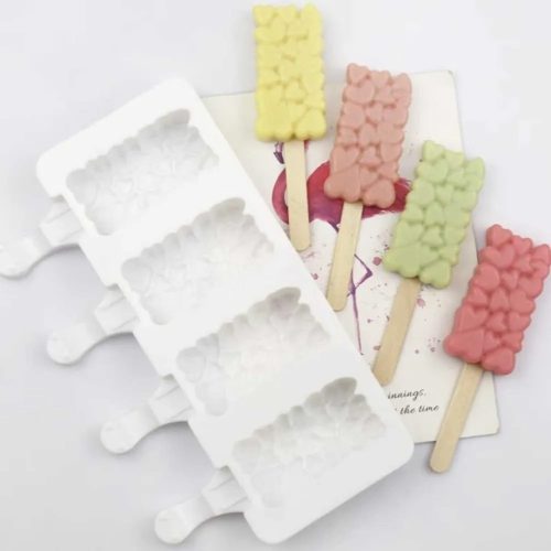Jégkrém készítő szilikon forma, szív minta 12,5x19cm+Fa pálcika 50db