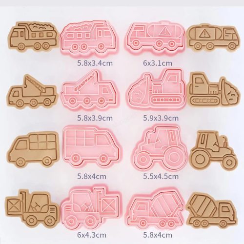 Műanyag sütemény kiszúró és nyomda-munkásautók 8db