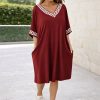 Görögmintás női V-nyakú zsebes ruha, laza bő fazon - Bordó