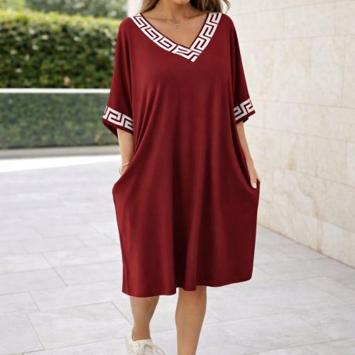 Görögmintás női V-nyakú zsebes ruha, laza bő fazon - Bordó