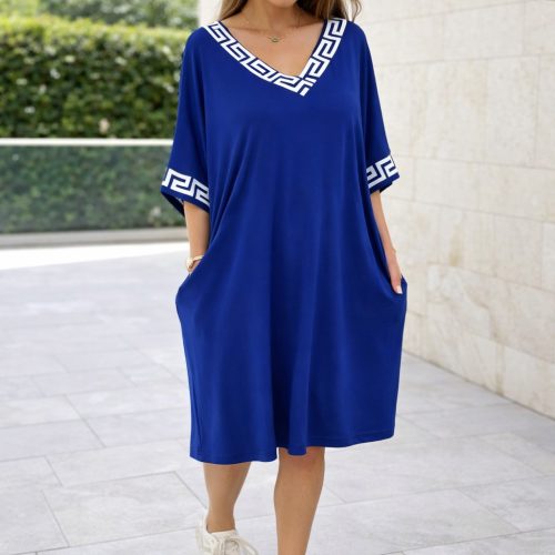 Görögmintás női V-nyakú zsebes ruha, laza bő fazon - Királykék