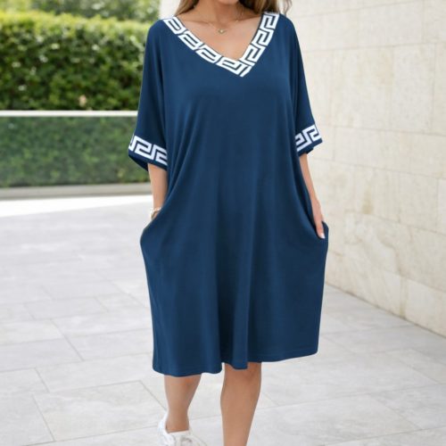 Görögmintás női V-nyakú zsebes ruha, laza bő fazon - Petrolkék