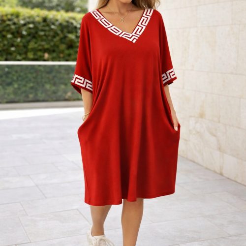 Görögmintás női V-nyakú zsebes ruha, laza bő fazon - Piros