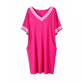   Görögmintás női V-nyakú zsebes ruha, laza bő fazon - Pink