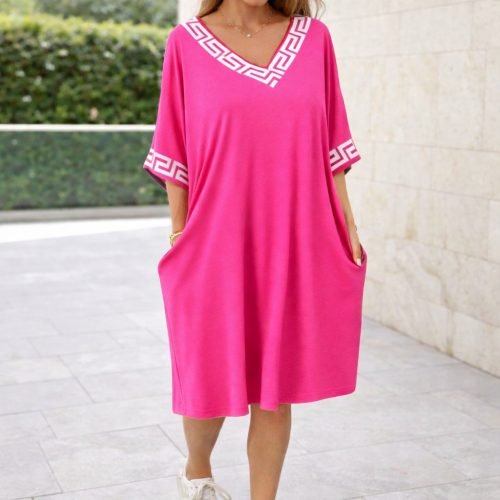 Görögmintás női V-nyakú zsebes ruha, laza bő fazon - Pink