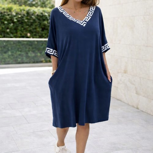 Görögmintás női V-nyakú zsebes ruha, laza bő fazon - Sötétkék