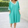 Görögmintás női V-nyakú zsebes ruha, laza bő fazon - Türkiz