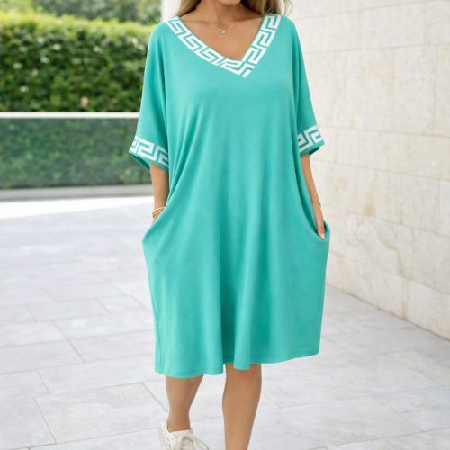 Görögmintás női V-nyakú zsebes ruha, laza bő fazon - Türkiz