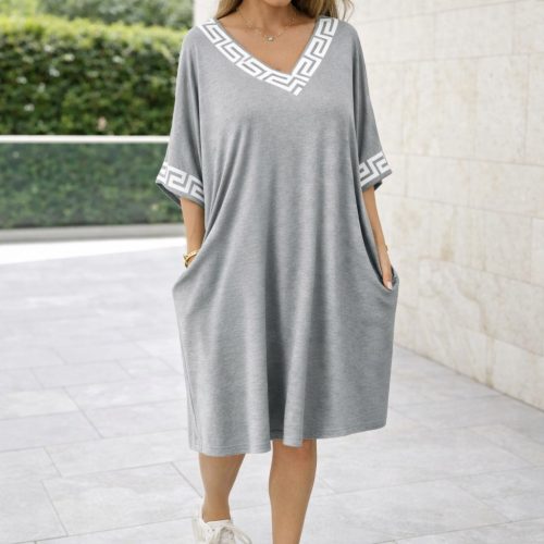 Görögmintás női V-nyakú zsebes ruha, laza bő fazon - Világos szürke