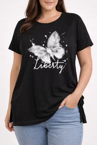 „Liberty” pillangó mintás női ruha, laza oldalvágott fazon - Fekete