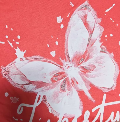 „Liberty” pillangó mintás női ruha, laza oldalvágott fazon - Lazacszínű