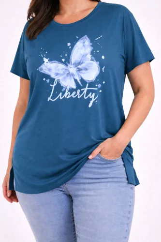 „Liberty” pillangó mintás női ruha, laza oldalvágott fazon - Petrol