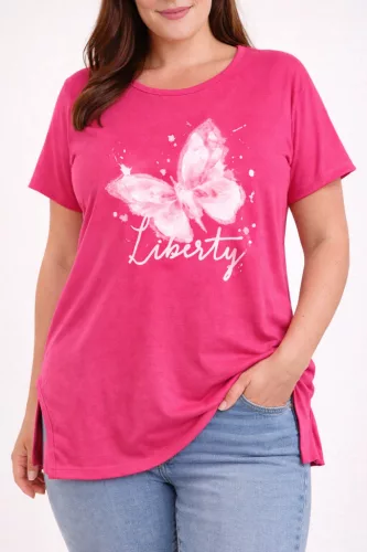 „Liberty” pillangó mintás női ruha, laza oldalvágott fazon - Pink