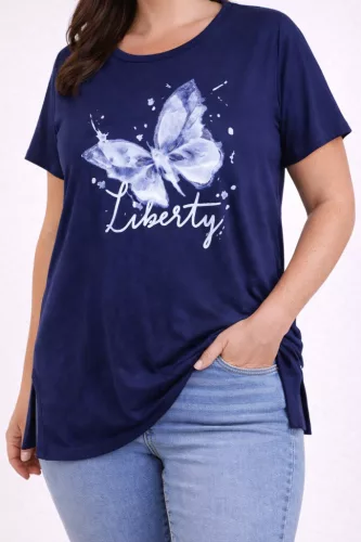 „Liberty” pillangó mintás női ruha, laza oldalvágott fazon - Sötétkék