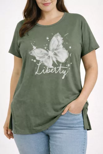 „Liberty” pillangó mintás női ruha, laza oldalvágott fazon - Zöld