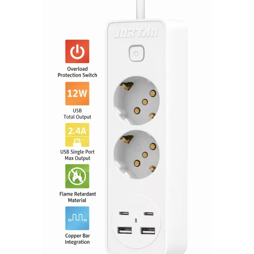JORTAN Prémium Hosszabbító Kábel – 2 Aljzat + 4 USB port