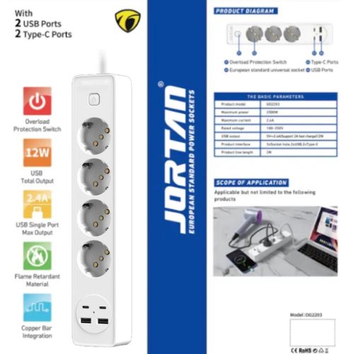 JORTAN Prémium Hosszabbító Kábel – 4 Aljzat + 4 USB port