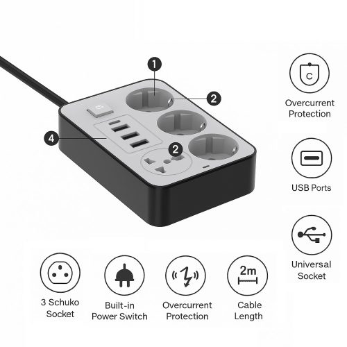 Treqa multifunkciós hosszabító kábel USB porttal-2m