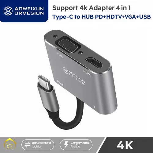 4 az 1-ben USB-C adapter 100W – 4K HDMI, VGA, USB 3.0, PD támogatással