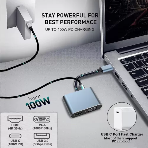 4 az 1-ben USB-C adapter 100W – 4K HDMI, VGA, USB 3.0, PD támogatással