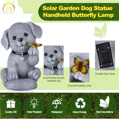 Napelemes kerti lámpás kutyás szobor pillangóval 21cm