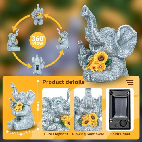 Napelemes kerti lámpás elefánt szobor napraforgóval 23cm