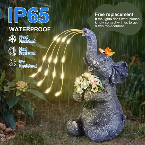 Napelemes kerti lámpás elefánt szobor virággal és pillangóval 25,5cm