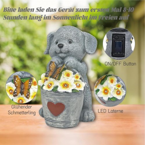 Napelemes kerti lámpás kutya szobor virággal 23cm