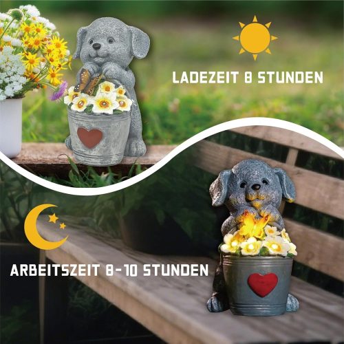 Napelemes kerti lámpás kutya szobor virággal 23cm