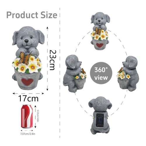 Napelemes kerti lámpás kutya szobor virággal 23cm