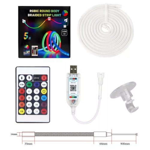 RGBIC Kerek Fonott LED Fénycsík Bluetooth Alkalmazással - 3m