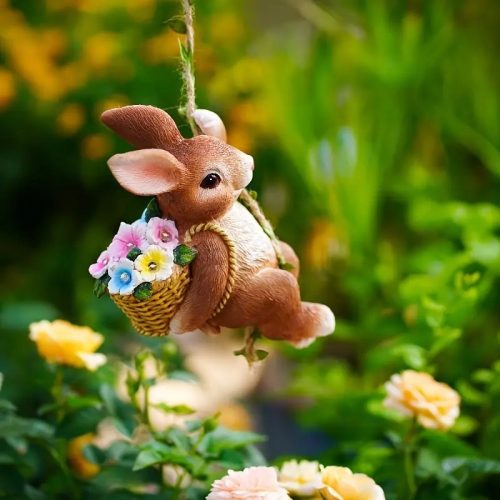 Napelemes nyuszi dekor lámpa virágkosárral