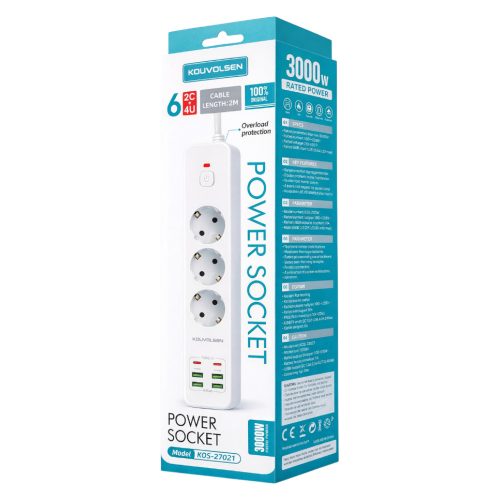 KOS-27021 túlfeszültségvédett elosztó, 3 aljzat + 4 USB + 2 Type-C 