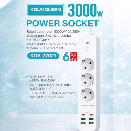 KOS-27021 túlfeszültségvédett elosztó, 3 aljzat + 4 USB + 2 Type-C 